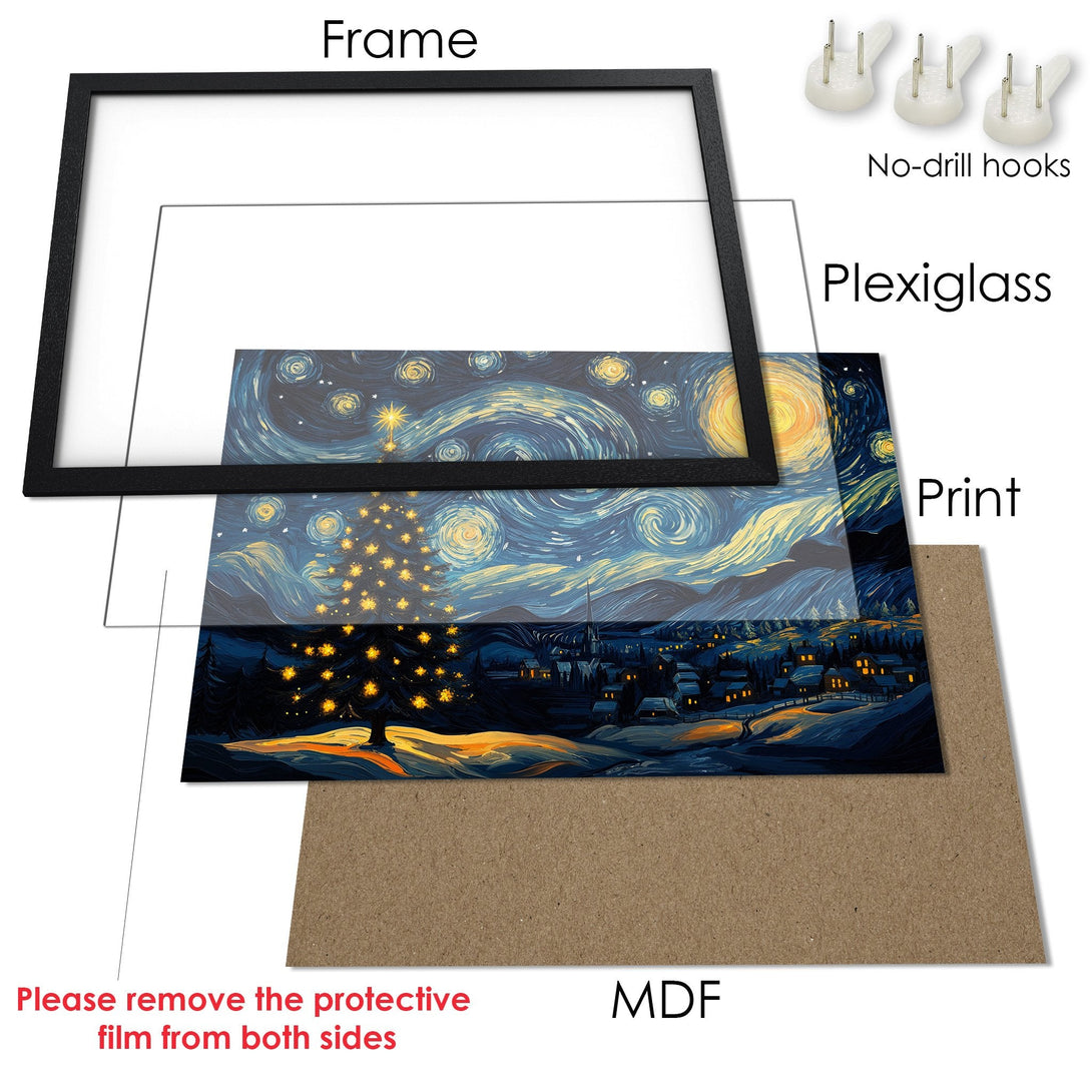 Framed Poster featuring a starry night landscape in a Van Gogh style, with a blue and yellow color palette. Perfect wall art!