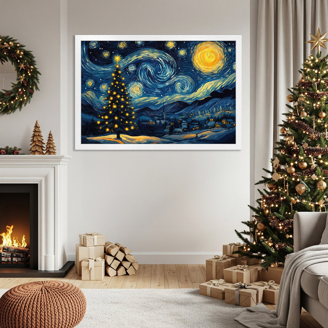 Framed Poster featuring a Christmas tree in a Van Gogh style with a blue and yellow color palette. Perfect holiday decor!