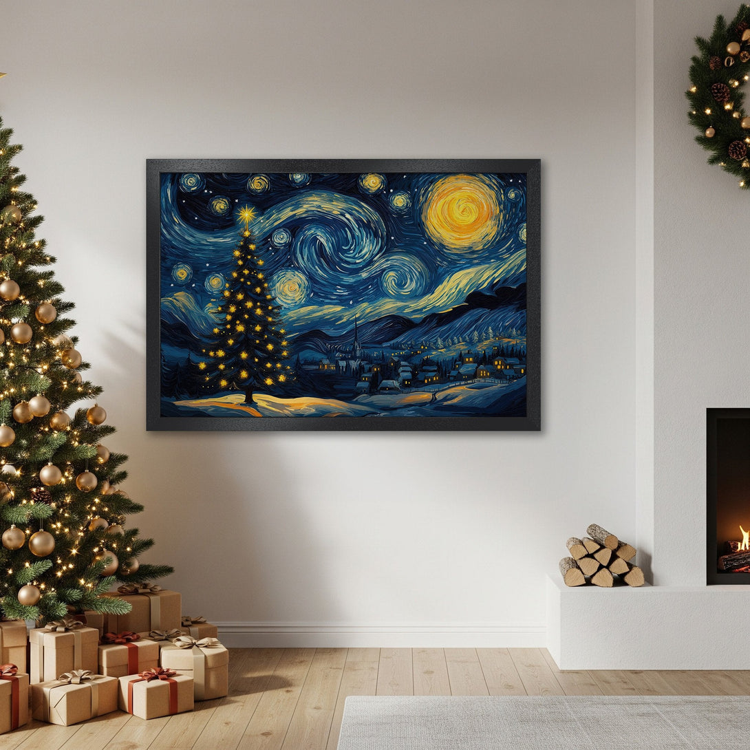 Framed Poster of a Christmas tree in a Van Gogh style painting with blue and yellow color palette. Perfect holiday decor!