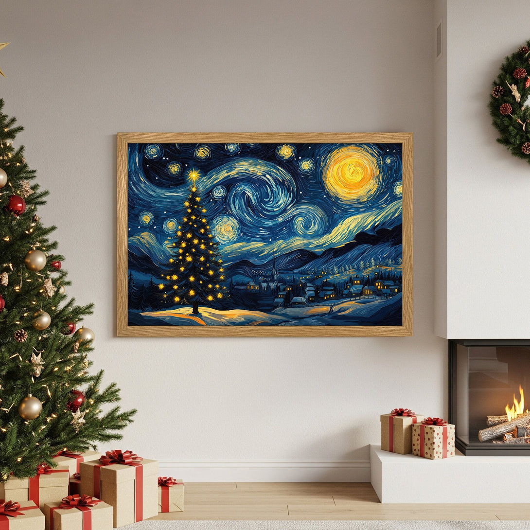 Framed Poster featuring a Christmas tree in a starry night style, with a blue and yellow color palette. Perfect holiday decor!