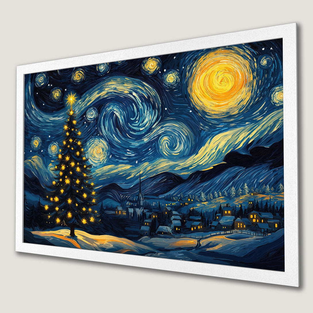 Framed Poster of a Christmas scene in Van Gogh style, with a blue and yellow color palette. Perfect holiday decor!