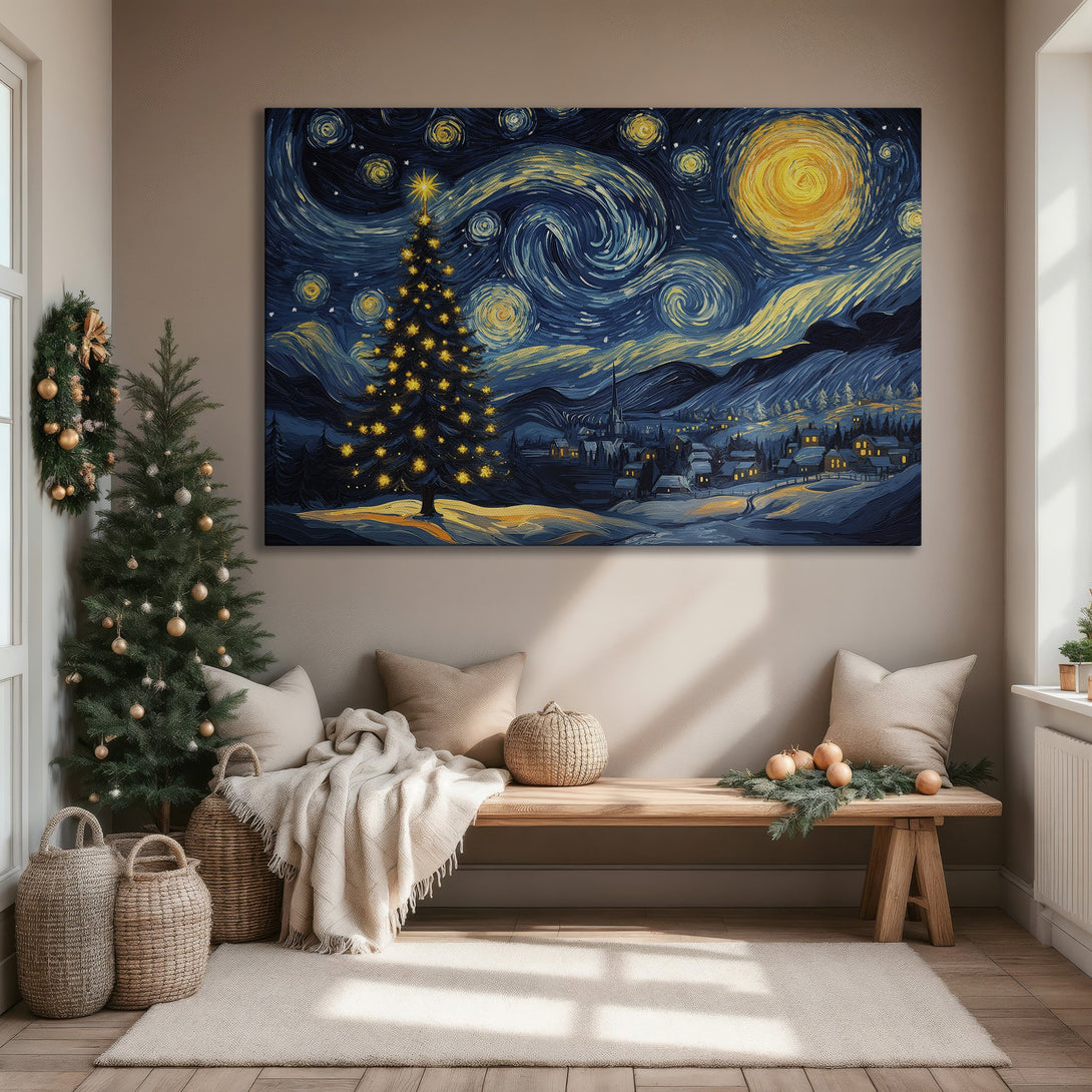 Framed Wall Art: Starry Night Christmas scene in Van Gogh style, blue & gold color palette, perfect for cozy living room decor.