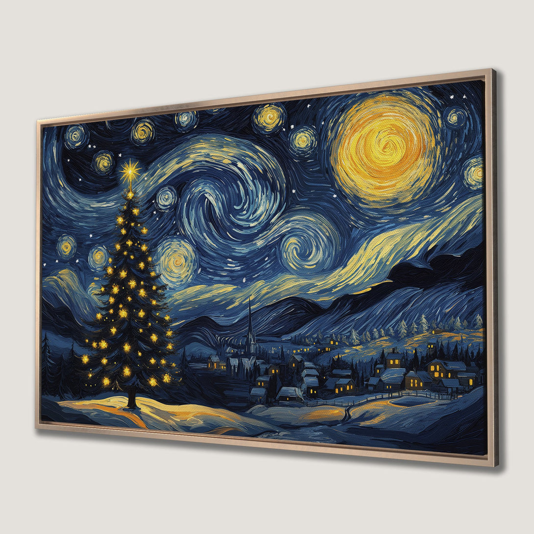 Framed Wall Art: Starry Night Christmas scene in Van Gogh style. Blue, gold, and yellow color palette. Perfect holiday decor!