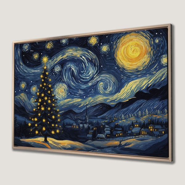 Framed Wall Art: Starry Night Christmas scene in Van Gogh style. Blue, gold, and yellow color palette. Perfect holiday decor!