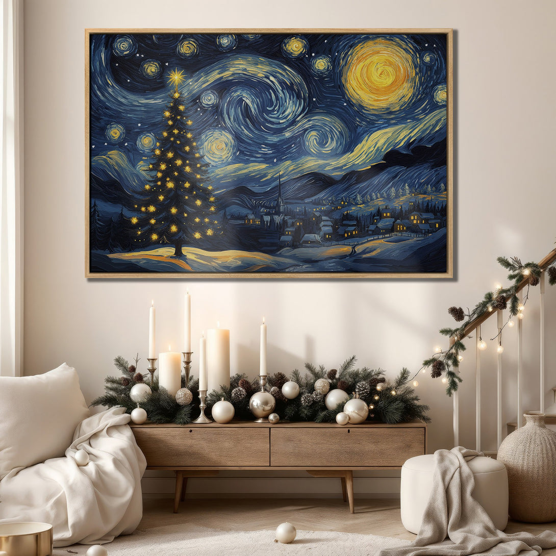 Framed Wall Art: Starry Night Christmas tree painting in a cozy interior. Featuring a blue, yellow, and white color palette, perfect for holiday decor.