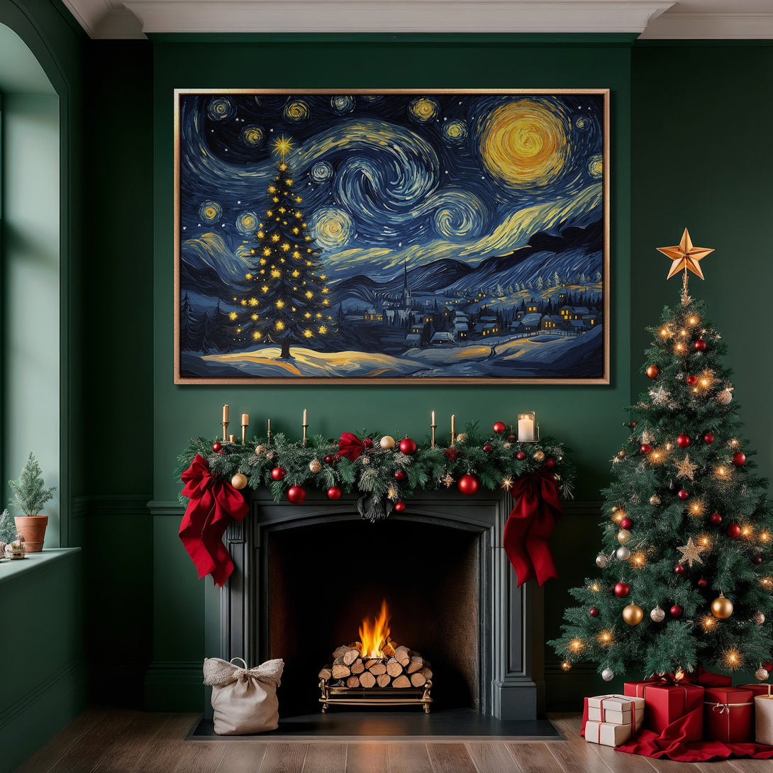 Framed Wall Art of a Christmas scene in Van Gogh style, featuring a starry night and glowing tree, in a cozy, dark green interior.
