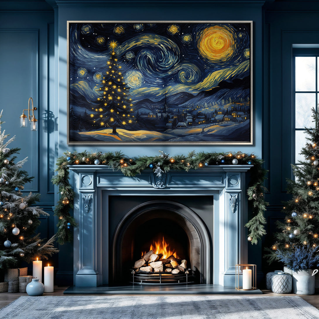 Framed Wall Art: Starry Night Christmas tree painting in a cozy blue interior. Impressionist style art with a warm, inviting color palette. Perfect holiday decor!