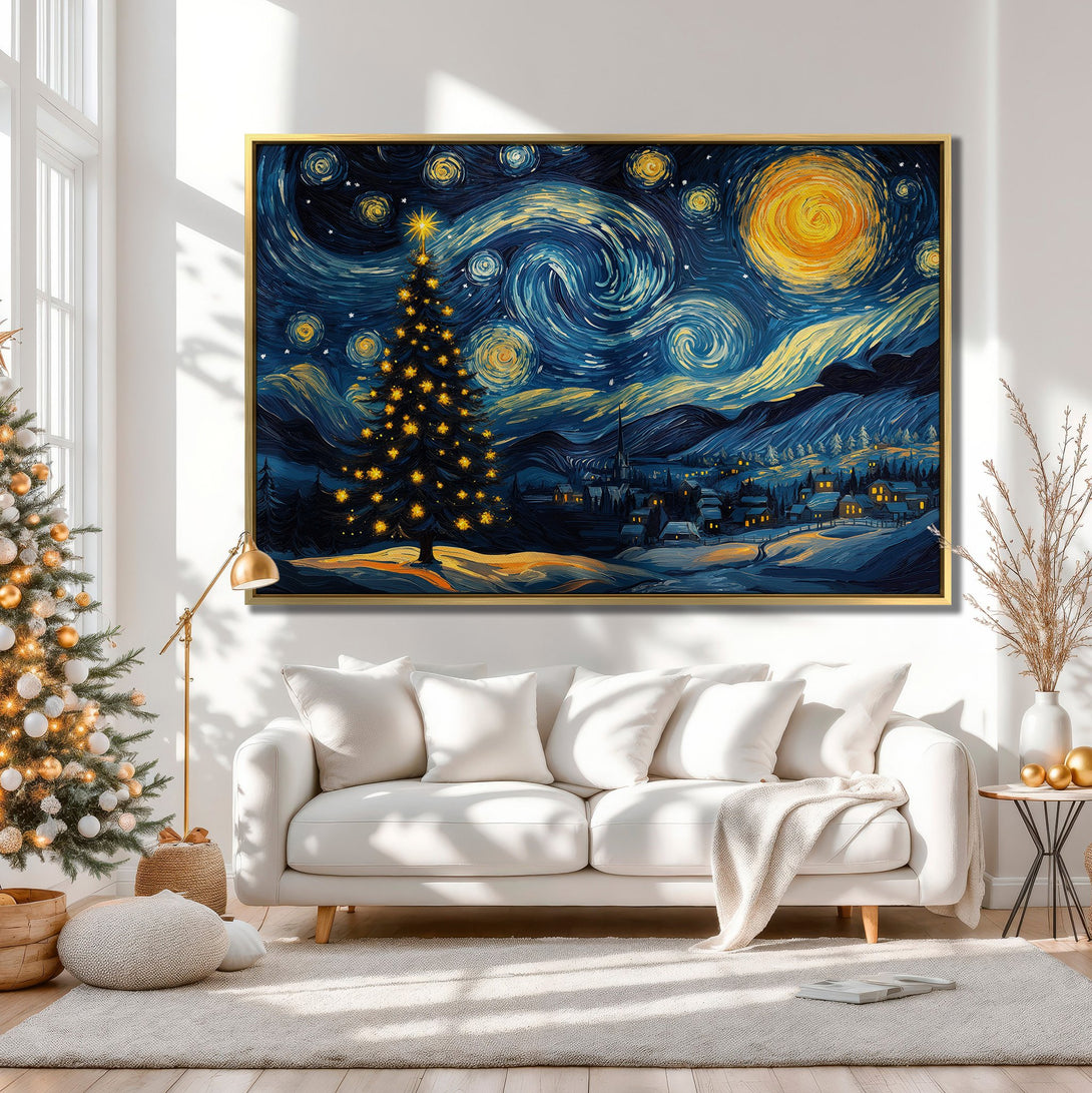Canvas Print of a starry night Christmas scene in Van Gogh style, featuring a blue and yellow color palette. Perfect for holiday decor!