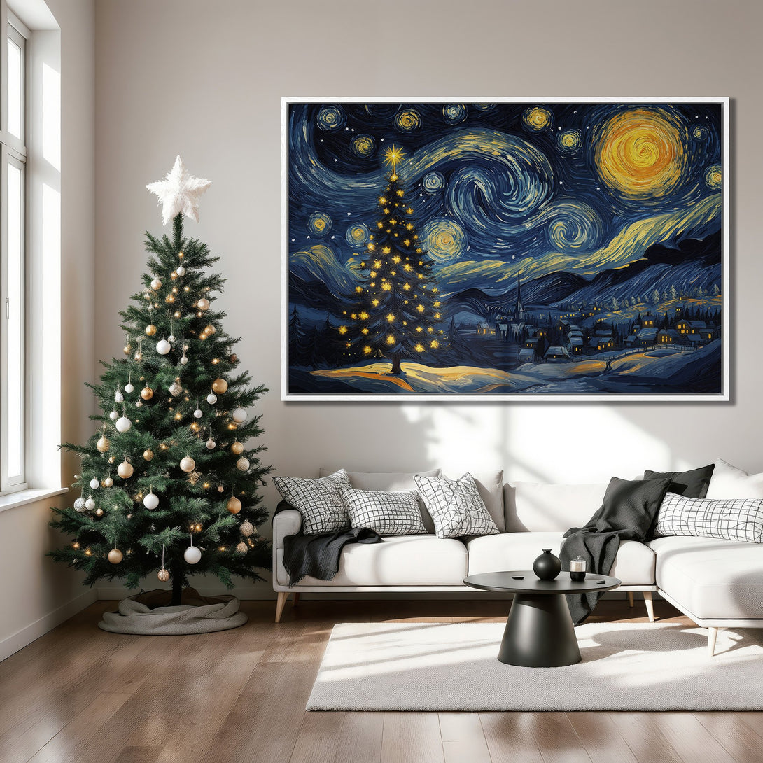Framed Wall Art: Starry night Christmas tree painting in Van Gogh style. Blue, yellow, and white color palette. Perfect holiday decor for your home.
