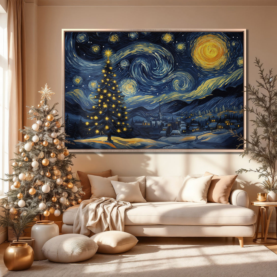 Framed Wall Art: "Starry Night" Christmas tree painting in blue & yellow. Modern decor for living room. Canvas Print for holiday home.