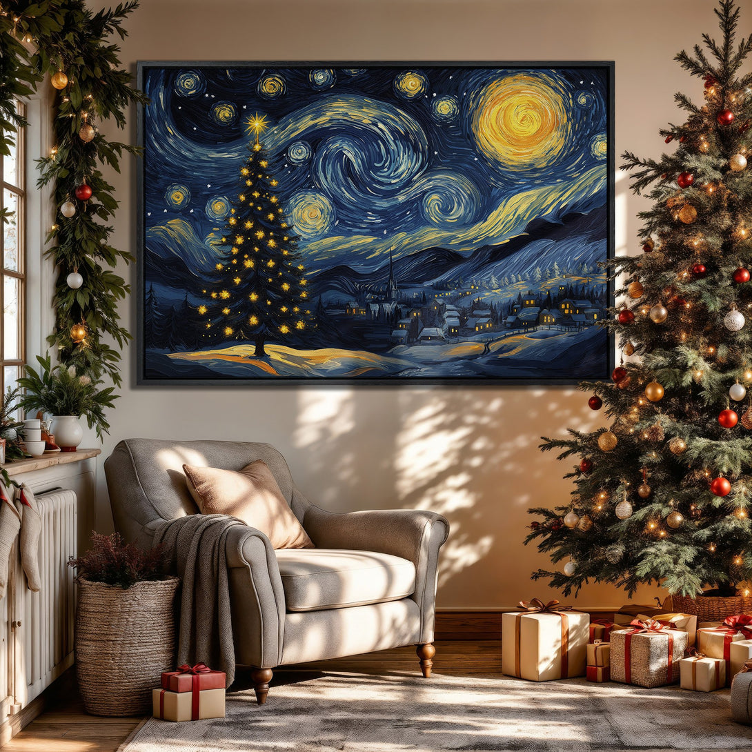 Framed Wall Art: Starry Night Christmas scene in blue & yellow, perfect holiday decor. Impress with this Van Gogh-inspired Canvas Print!
