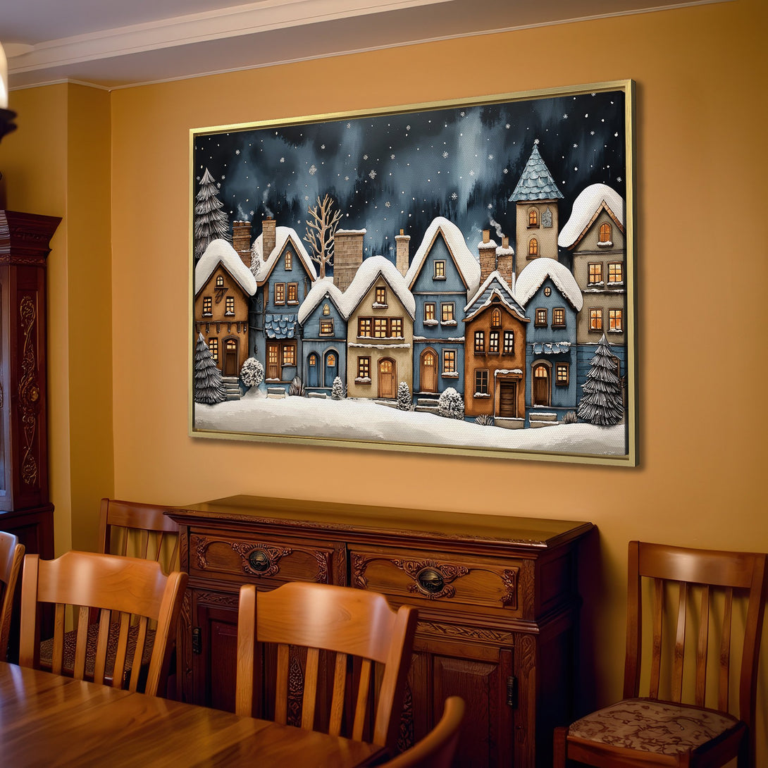 Canvas Print of a cozy winter village scene in watercolor style, featuring a blue and brown color palette. Perfect for holiday decor!
