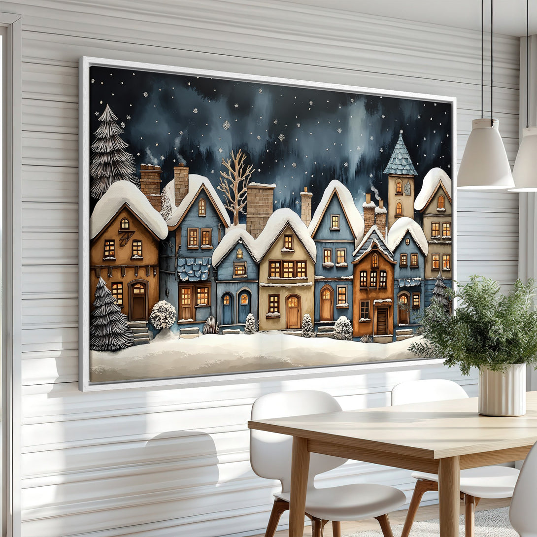 Framed Wall Art: Cozy winter village scene in blue & brown tones. Charming illustration style Canvas Print adds warmth to any room. Shop now!