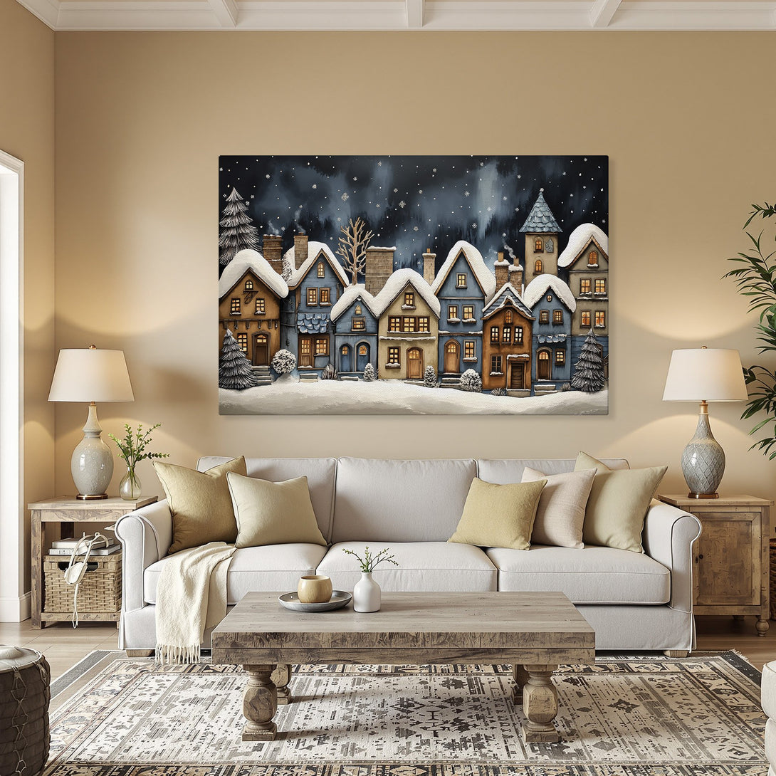 Framed Wall Art: Winter village scene Canvas Print. Cozy illustration with blue, brown, and white hues. Perfect for adding a touch of warmth to your home.