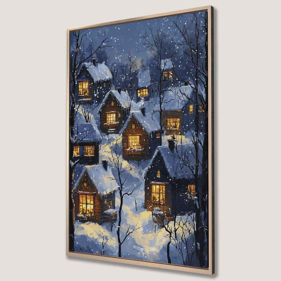 Framed Wall Art: Winter village scene with snow-covered houses, warm inviting lights, and a cool blue and gold color palette. Perfect for cozy decor!