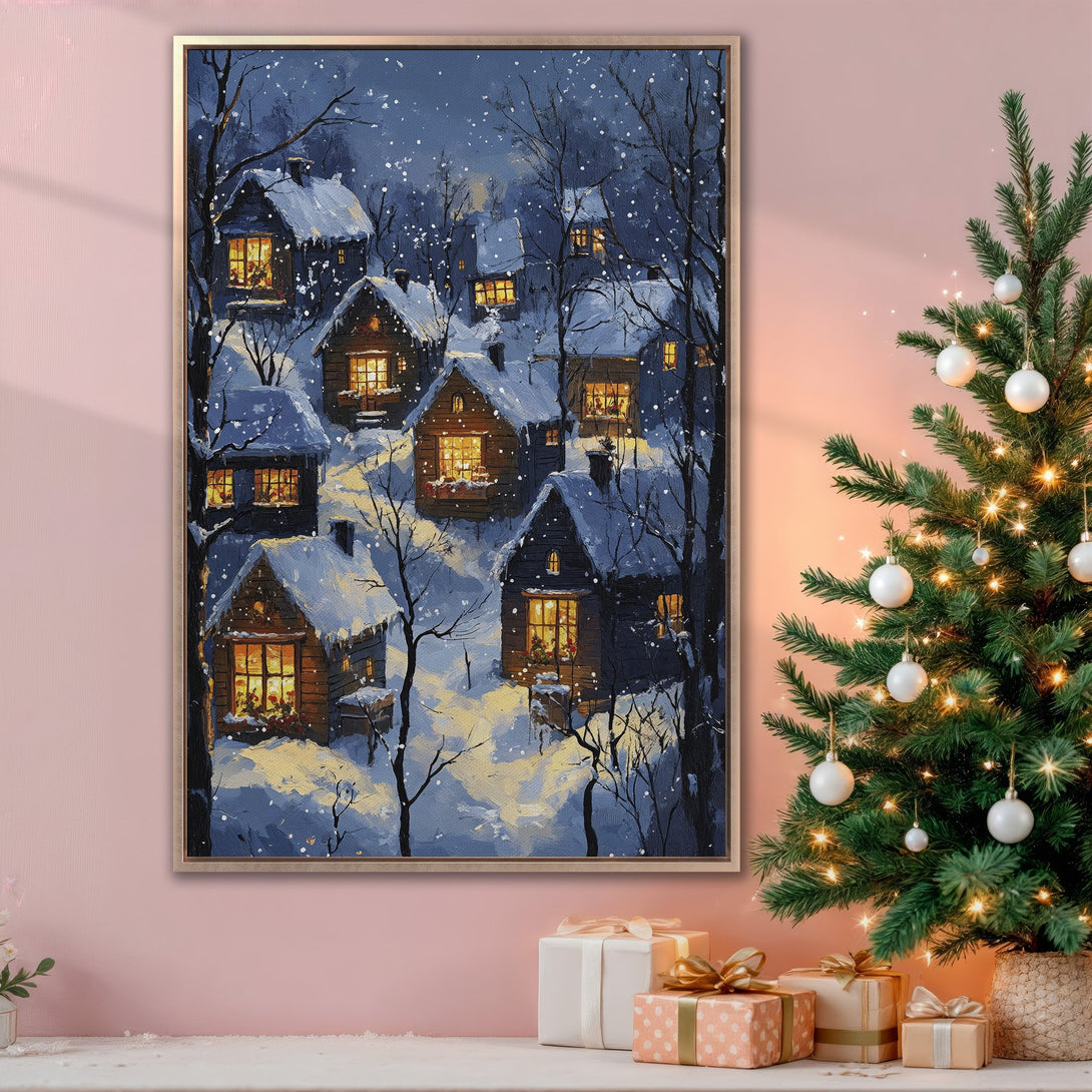 Framed Wall Art: Winter village scene in blue and gold. Cozy cabin painting perfect for Christmas decor. Add warmth with this beautiful canvas print.