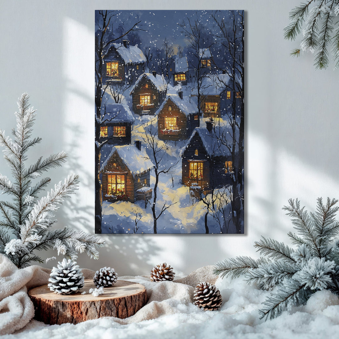 Framed Wall Art: Winter village scene in blue and gold tones. Cozy cabin art for holiday decor. Perfect Christmas gift idea.
