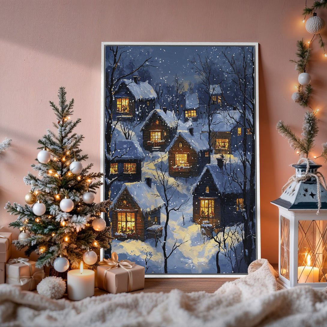 Framed Wall Art: Winter village scene Canvas Print. Cozy, painterly style with blue, gold, and white color palette. Perfect for holiday decor.