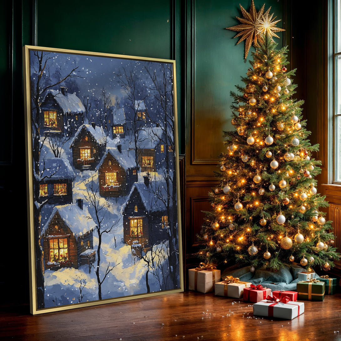 Canvas Print of a cozy winter village scene. Blue and gold color palette, impressionistic style. Perfect holiday wall art.