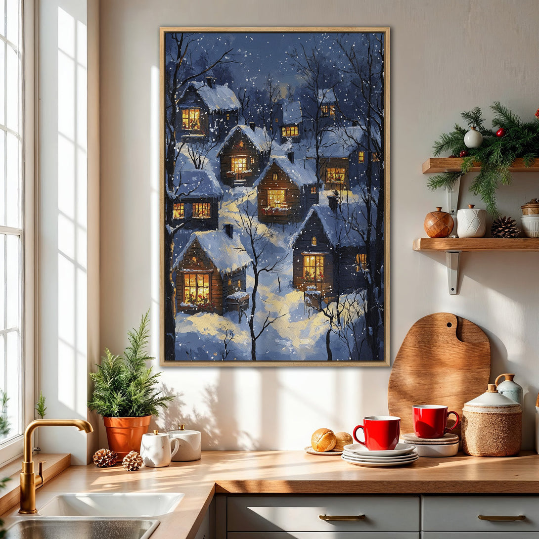 Framed Wall Art: Winter village scene in a cozy kitchen. Impressionistic painting with blue, white, and warm yellow tones. Perfect for holiday decor!