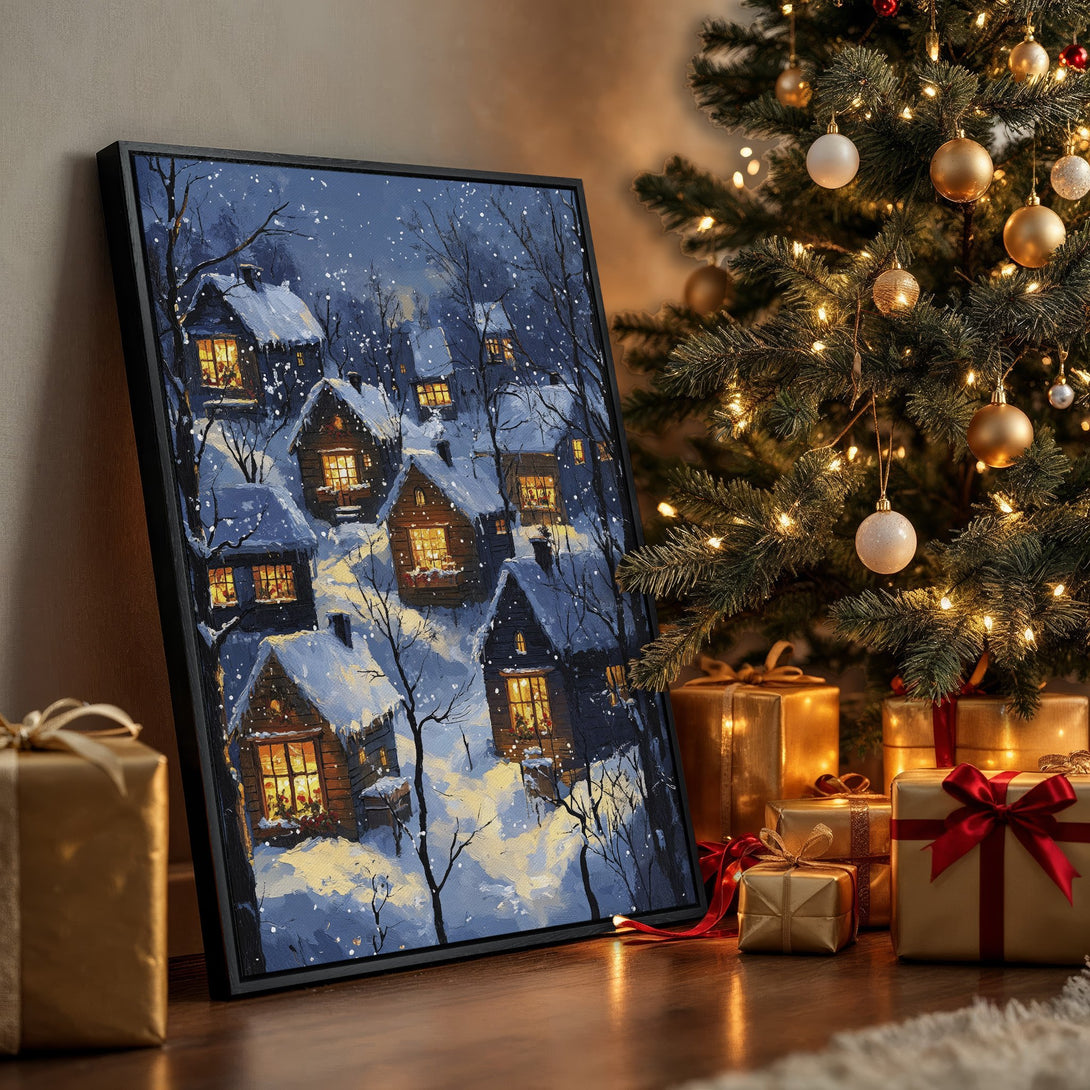 Framed Wall Art: Winter village scene in blue and warm tones. Perfect for cozy holiday decor. Add warmth to your space!