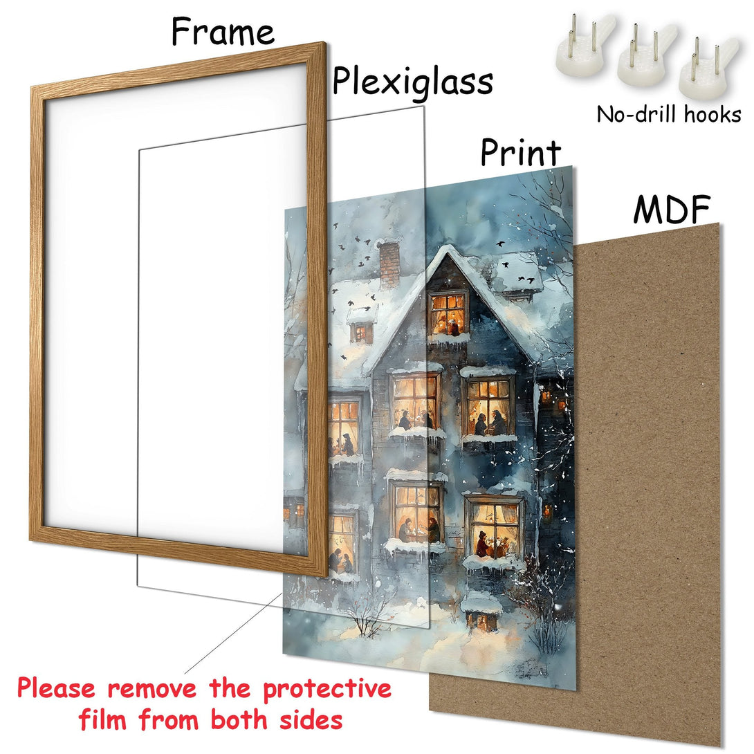 Framed Poster featuring a cozy winter scene with a blue and warm color palette. Perfect for home decor!