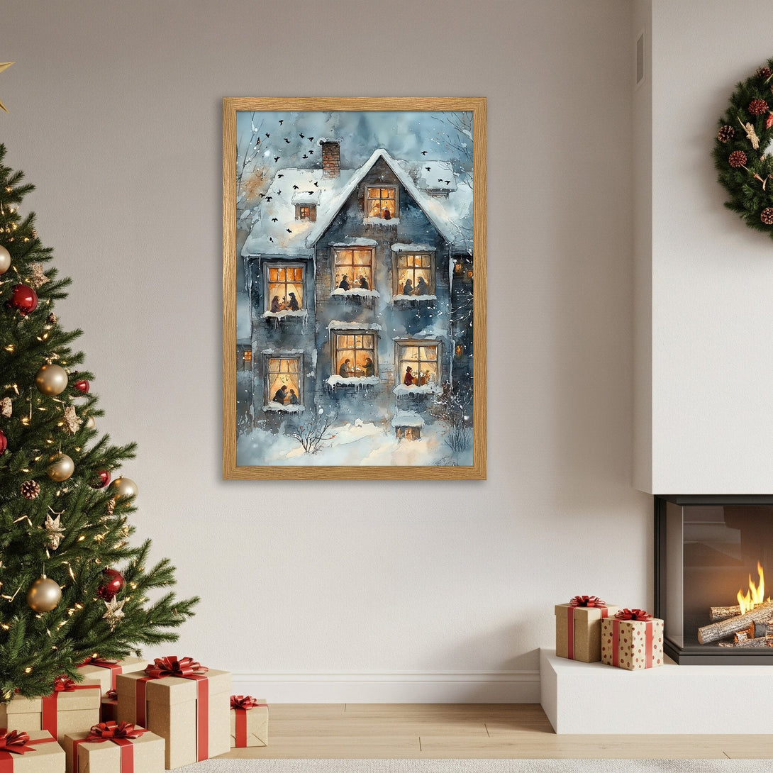Framed Poster featuring a cozy winter house scene in watercolor style. Blue and warm tones create a festive holiday vibe.
