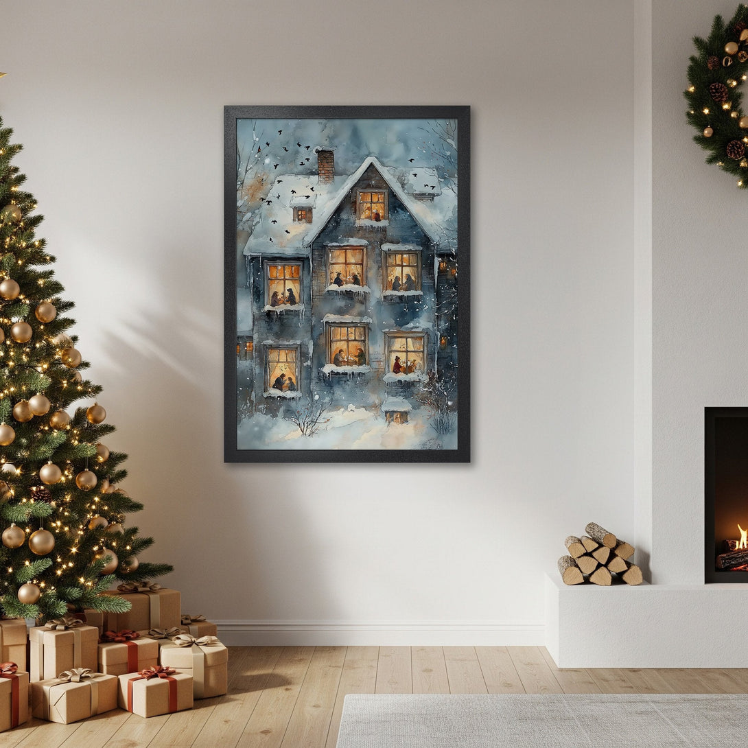 Framed Poster of a cozy winter house scene in watercolor style, with a blue and white color palette. Perfect holiday decor!