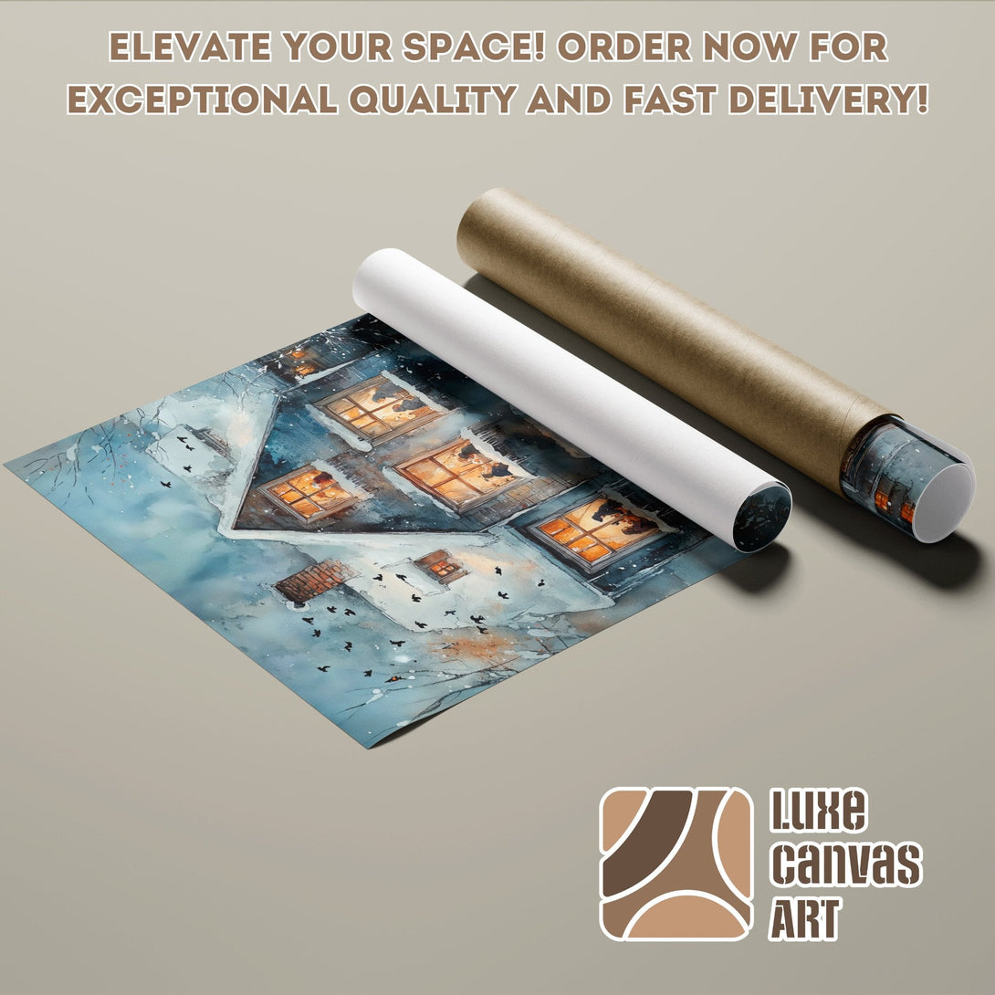 Watercolor Poster Roll featuring a cozy winter scene. Beautiful blue and warm tones. Elevate your space today!