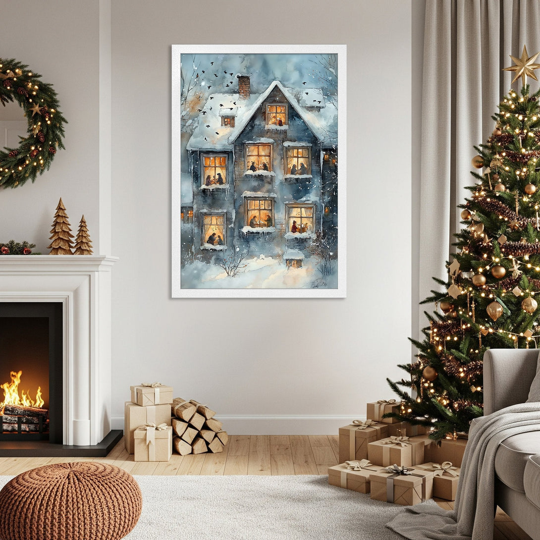 Framed Poster of a cozy winter scene, watercolor style, featuring a snow-covered house. Blue and warm tones create a festive atmosphere.