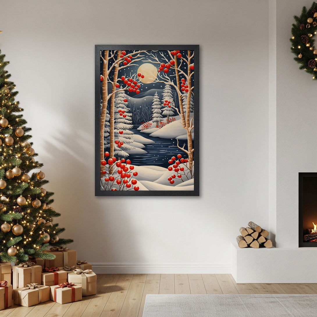 Framed Poster of a winter landscape with red berries, trees, and a full moon. Cozy art in a blue, white, and red palette. Perfect holiday decor.