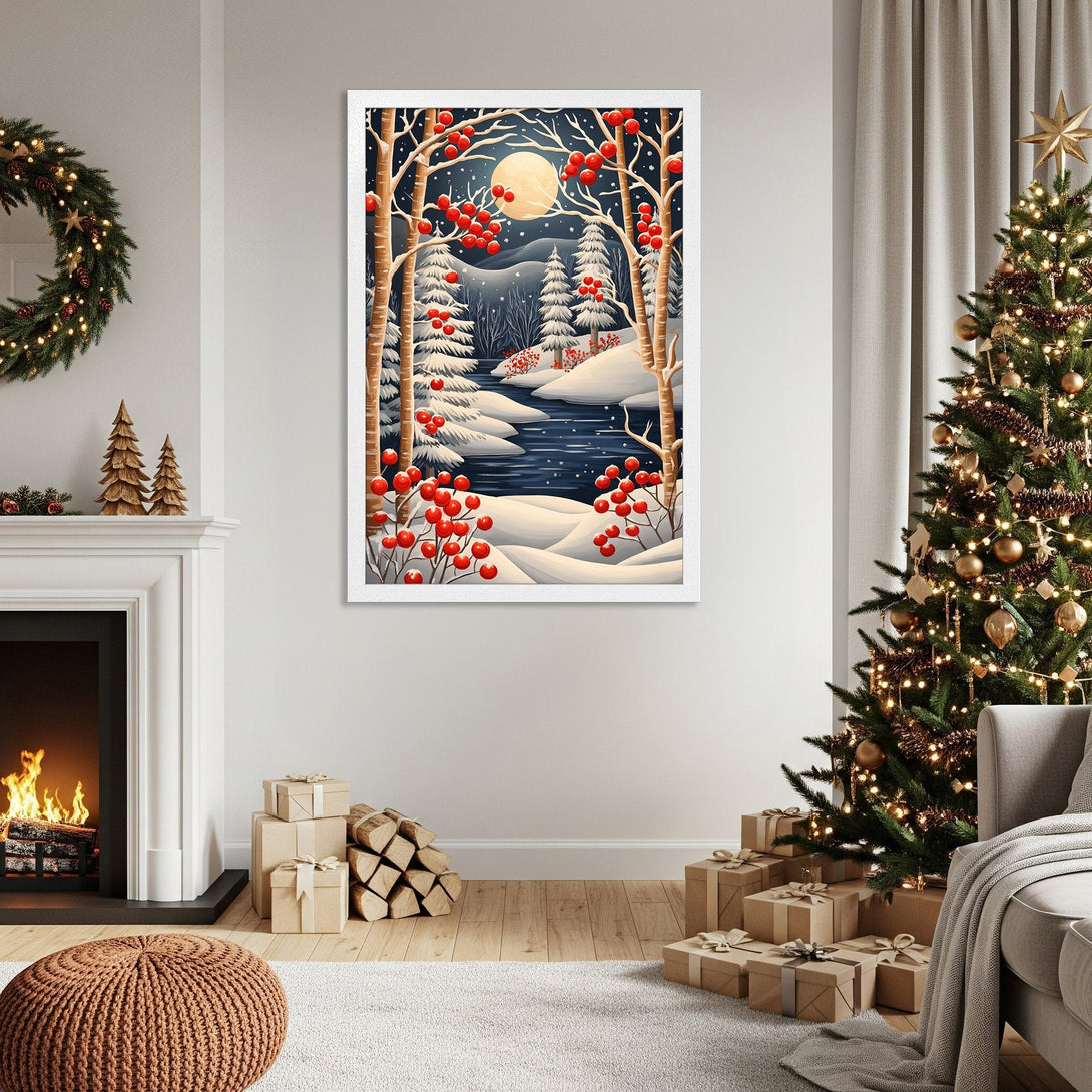 Framed Poster: Winter landscape art print with red berries, birch trees, and a snowy scene. Cozy decor in blue, white, and red tones.