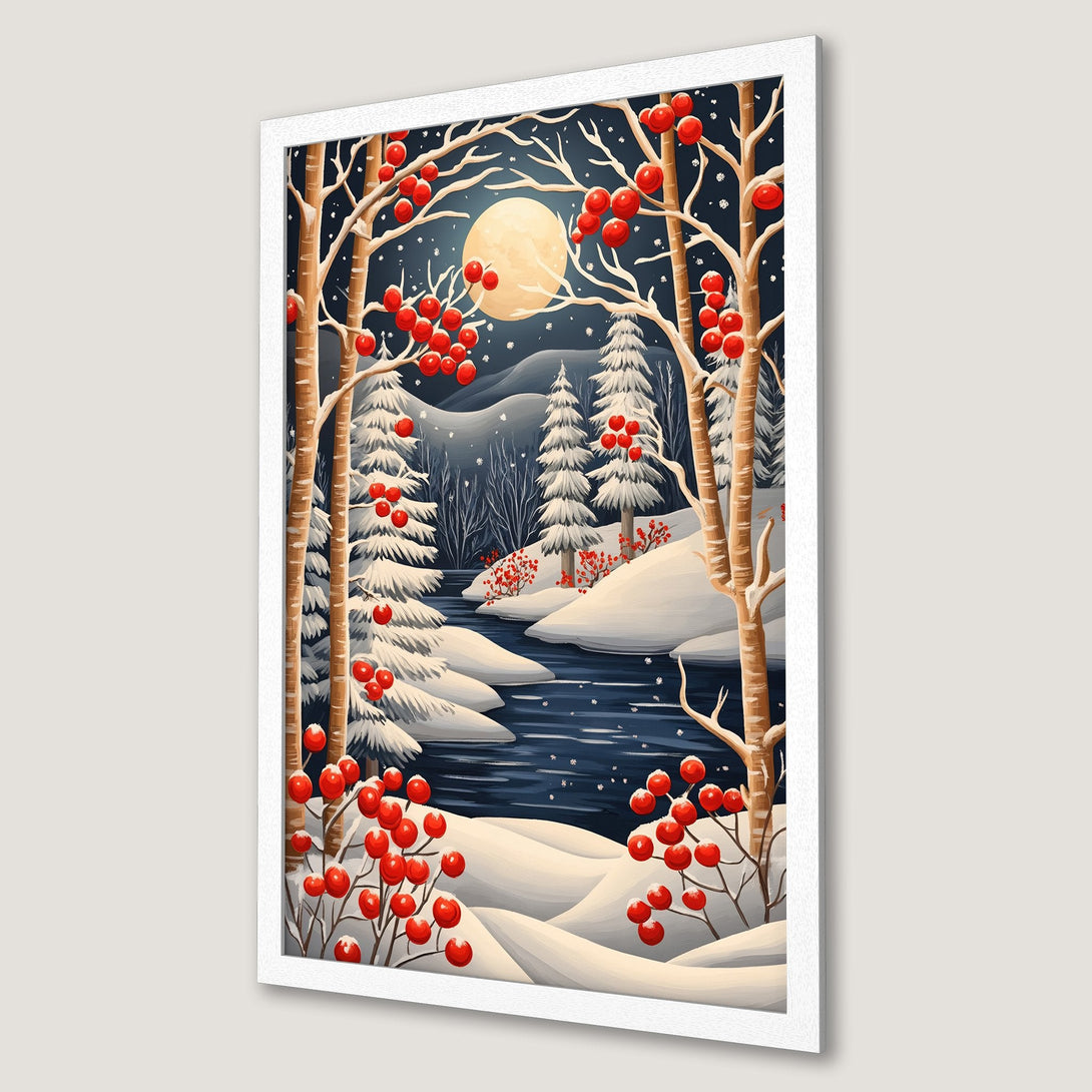 Framed Poster featuring a winter landscape with red berries, moon, and snow. Artistic style with a cool blue and white color palette. Perfect wall art!