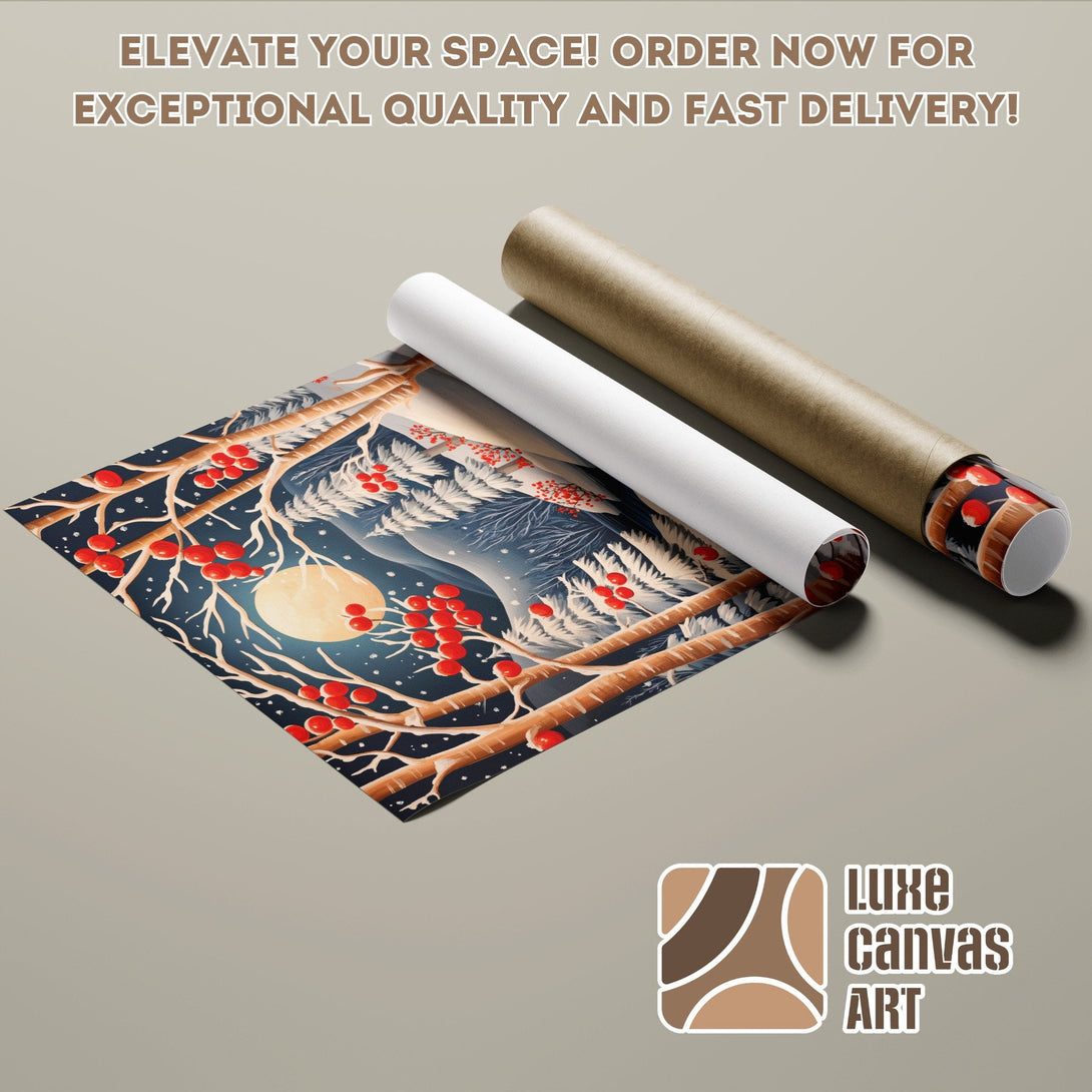Poster Roll featuring winter scene art with a blue, brown, and red color palette. Elevate your space!