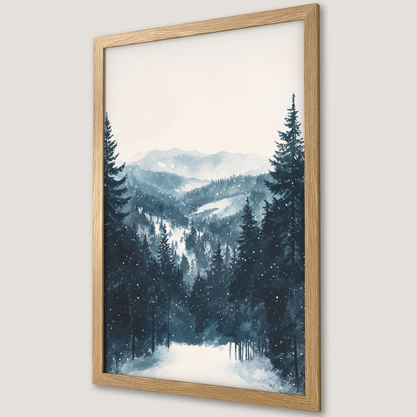 Framed Poster featuring a serene winter forest scene in watercolor style, with a cool blue and white color palette. Perfect wall art.