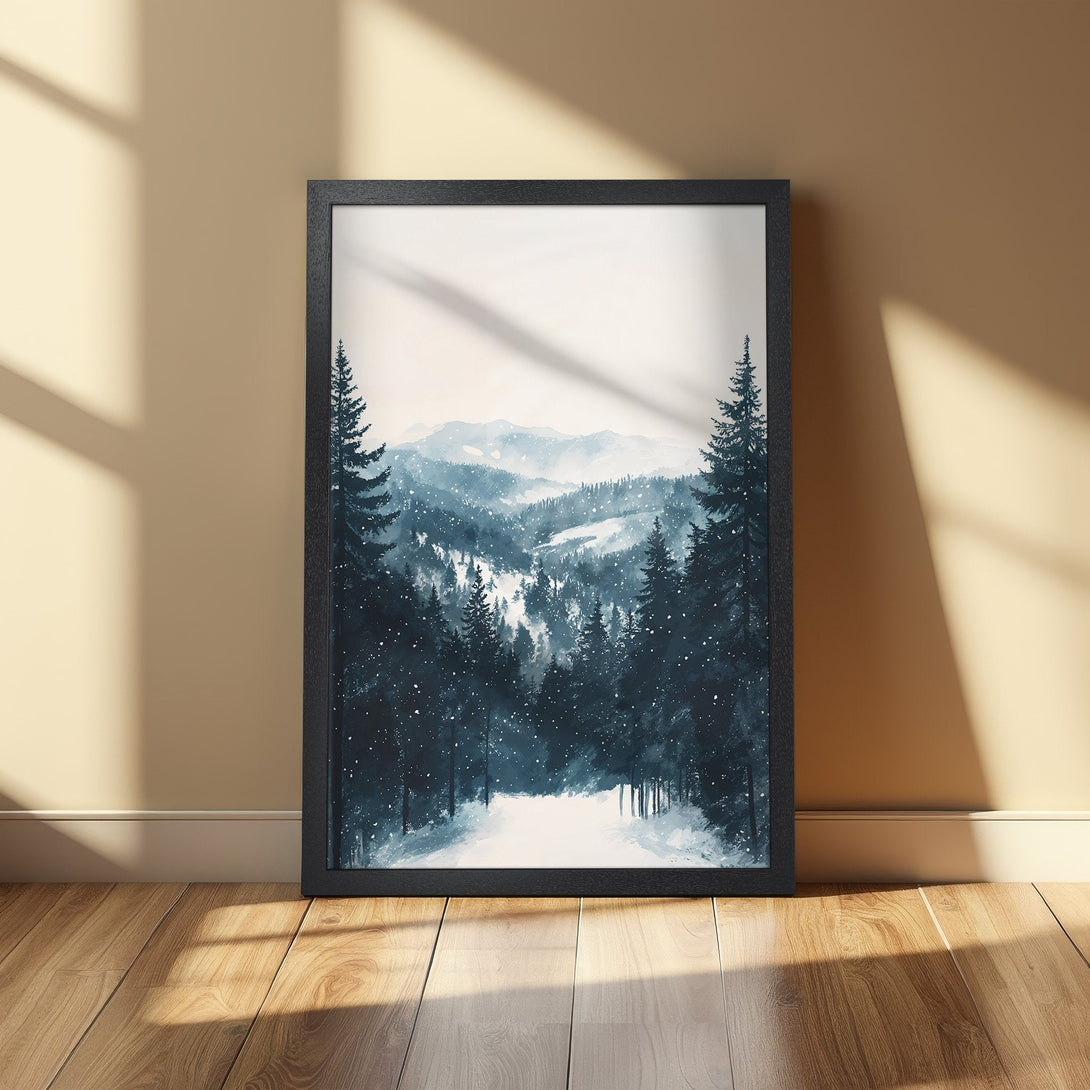 Framed Poster featuring a serene winter forest scene in watercolor style, with a cool blue and white color palette.