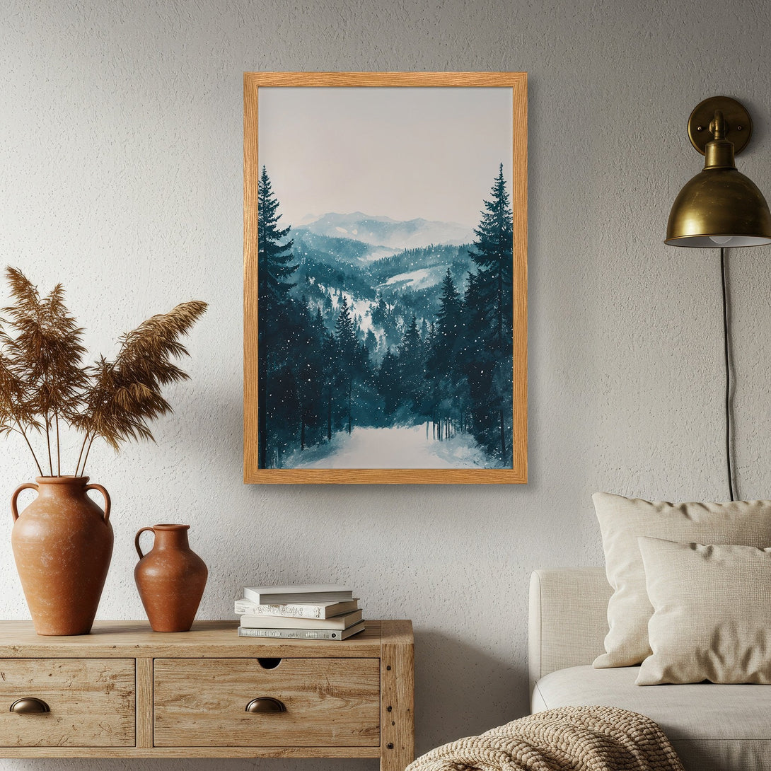 Framed Poster featuring a serene winter forest scene in blue and white watercolor style. Perfect for adding a touch of nature to your home.