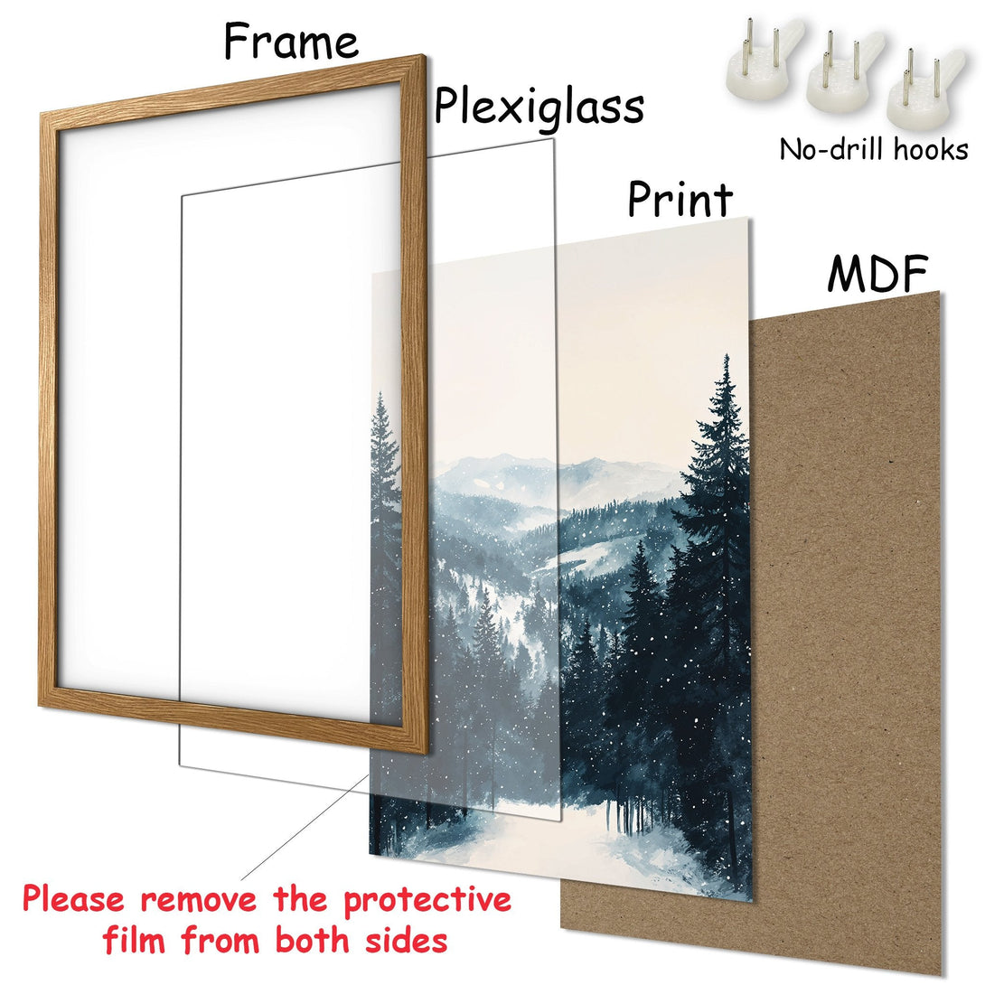 Framed Poster of a snowy mountain scene in a minimalist style. Featuring a cool blue and white color palette, perfect wall art.
