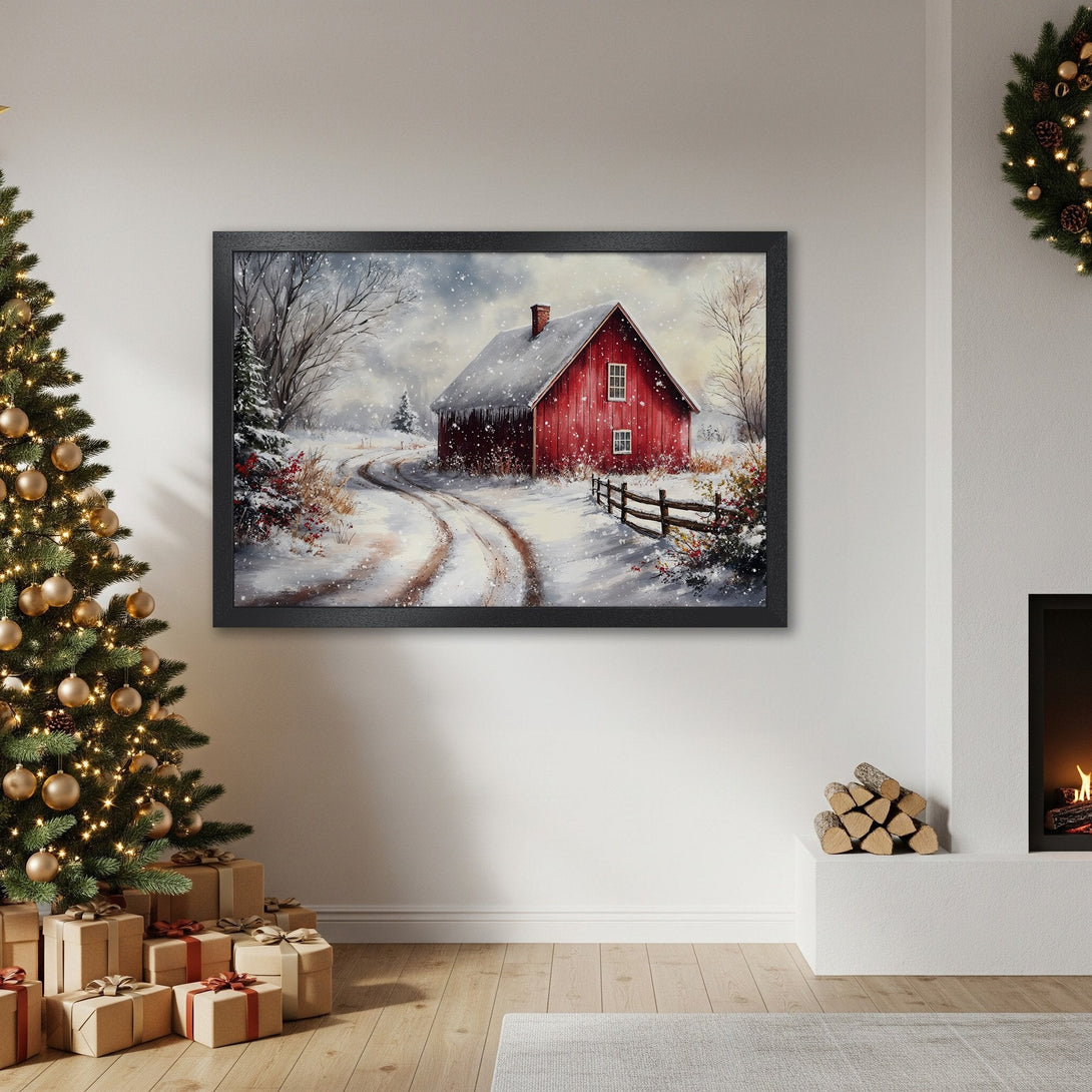 Framed Poster of a red barn in a snowy landscape, watercolor style, featuring a warm, inviting color palette. Perfect for holiday decor!