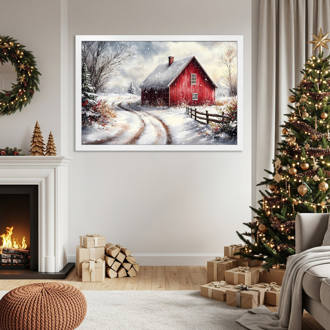 Framed Poster of a red barn in a winter scene, watercolor style, with a snowy, neutral color palette. Perfect holiday decor!