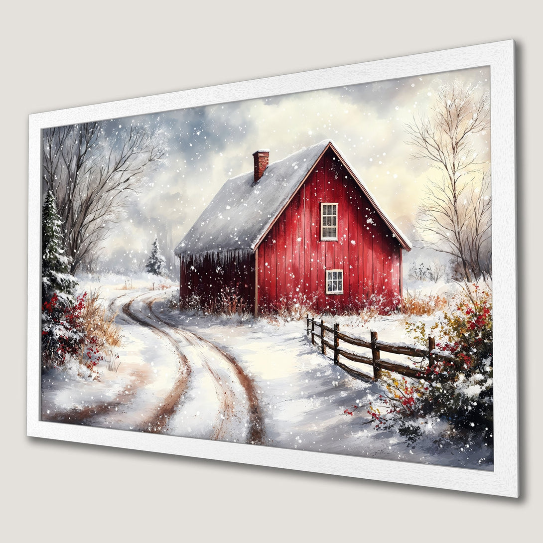 Framed Poster of a winter scene with a red barn, watercolor style. Features a snowy landscape with a warm color palette. Perfect wall art!