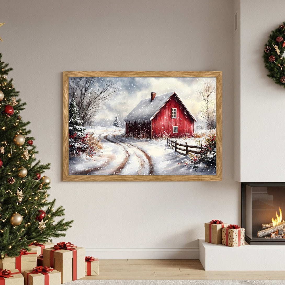 Framed Poster of a winter scene with a red barn, watercolor style, featuring a snowy landscape with a warm color palette.