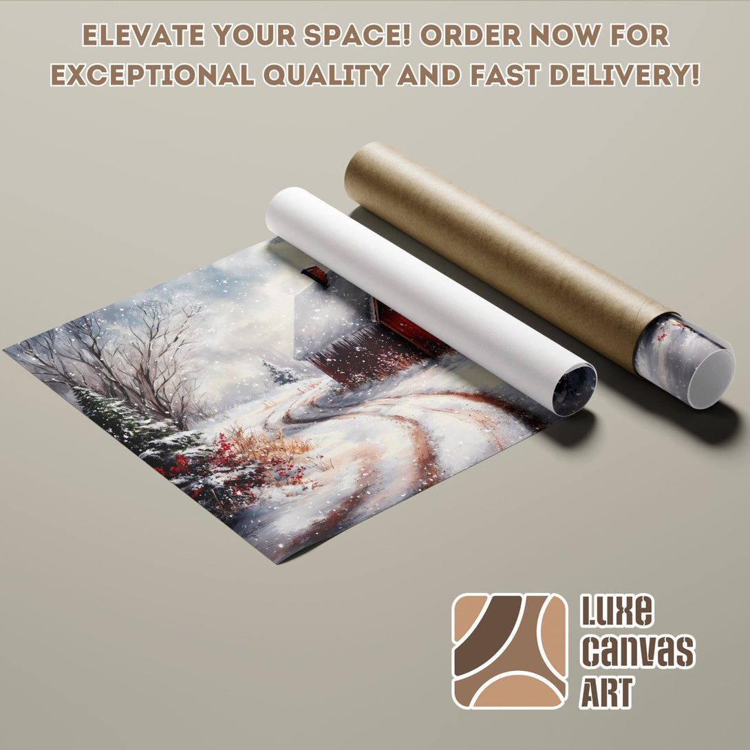 Winter landscape Poster Roll, art print with snow, trees, and a red barn, neutral color palette.