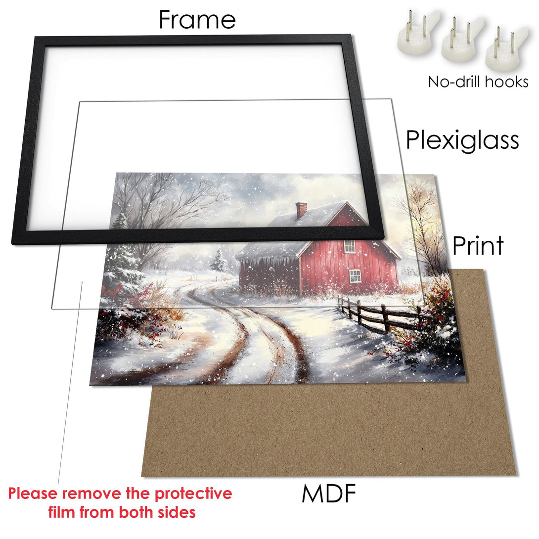 Framed Poster of a winter landscape with a red barn. Rustic style, snowy scene with a red, white, and brown color palette.