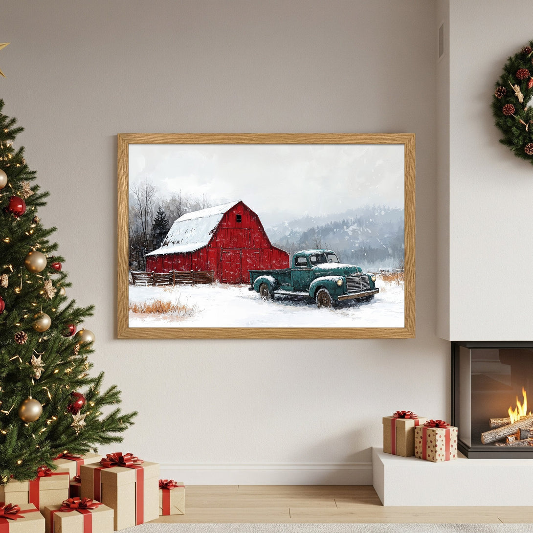 Framed Poster of a red barn and vintage truck in winter. Rustic style, warm color palette. Perfect for cozy decor!