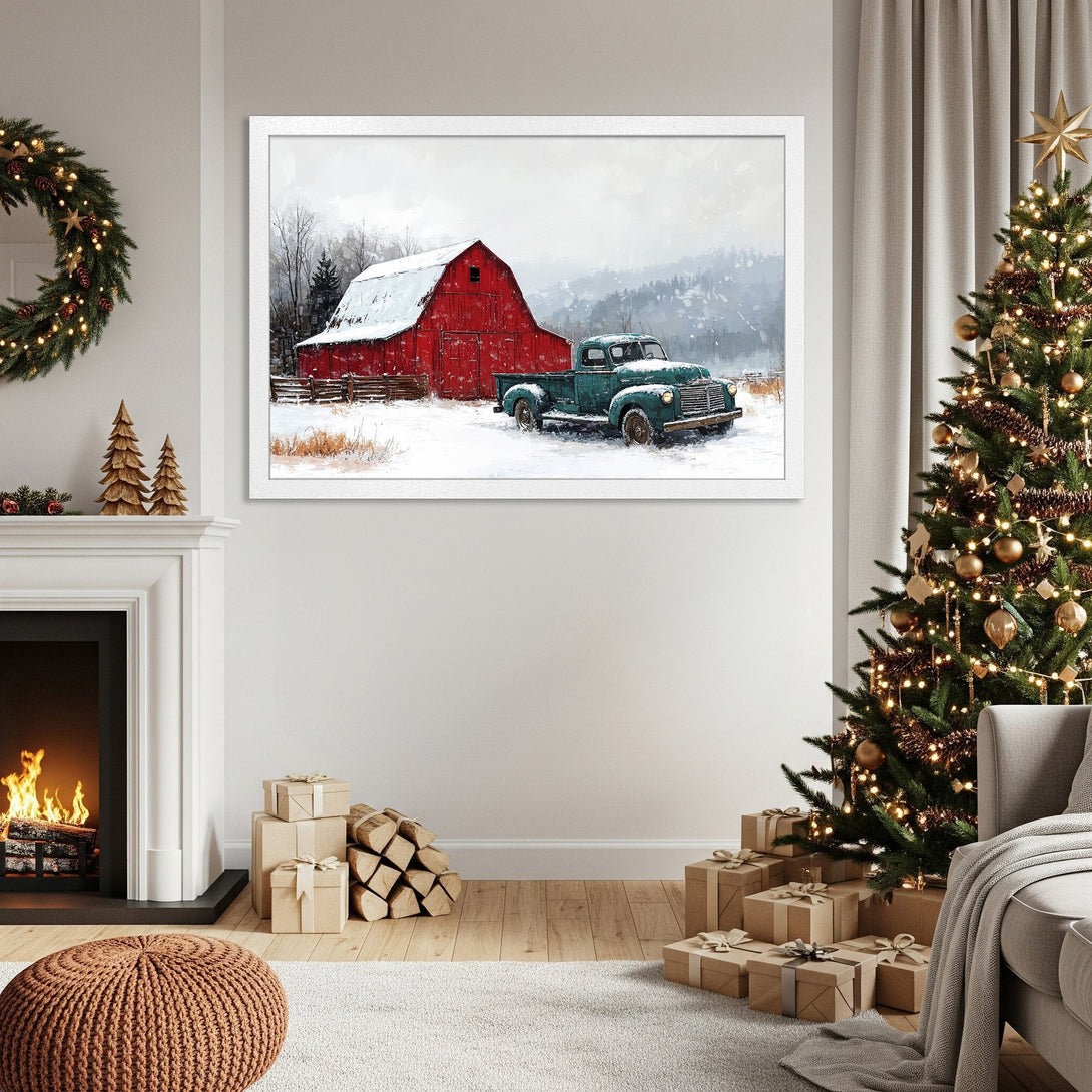 Framed Poster featuring a red barn and truck in a winter scene. Rustic style with a warm, inviting color palette. Perfect for holiday decor.