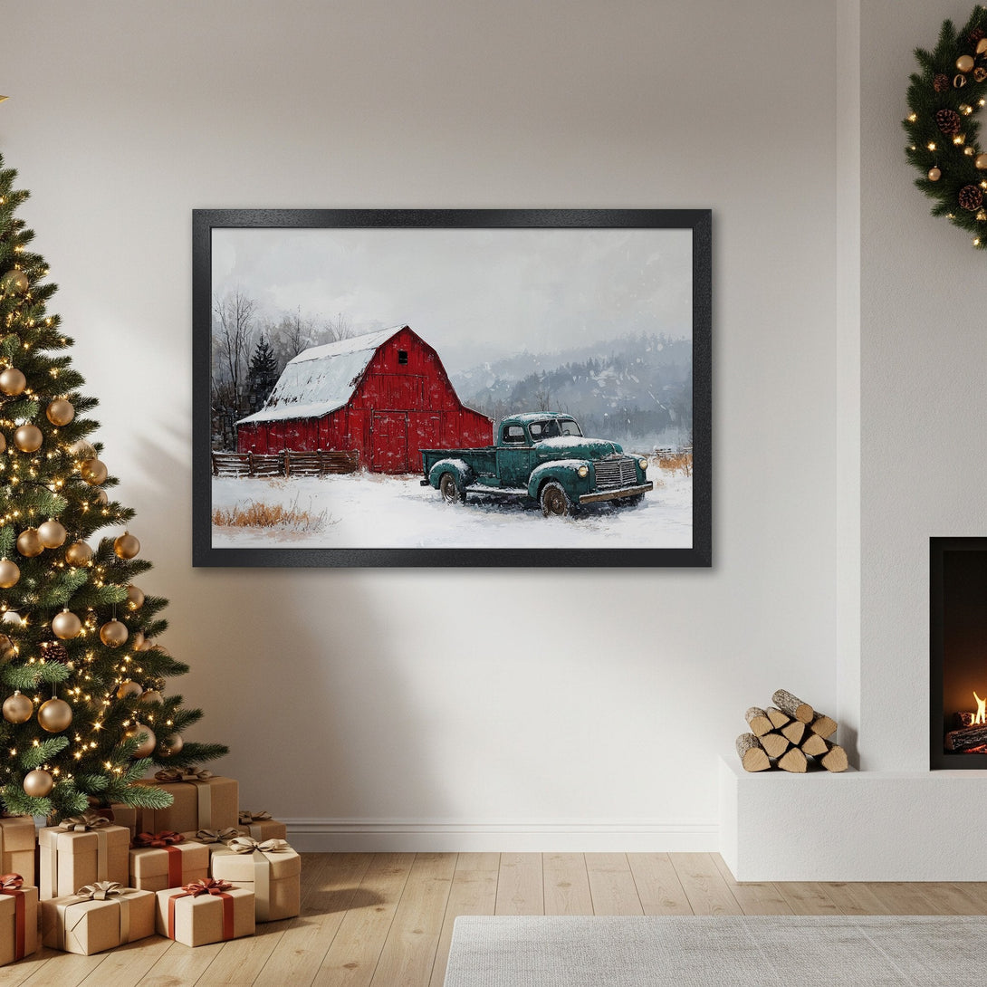 Framed Poster featuring a winter scene with a red barn and truck. Rustic style, cool color palette. Perfect holiday home decor.