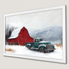 Winter Red Barn Art Poster with Green Truck in Snowy Scene