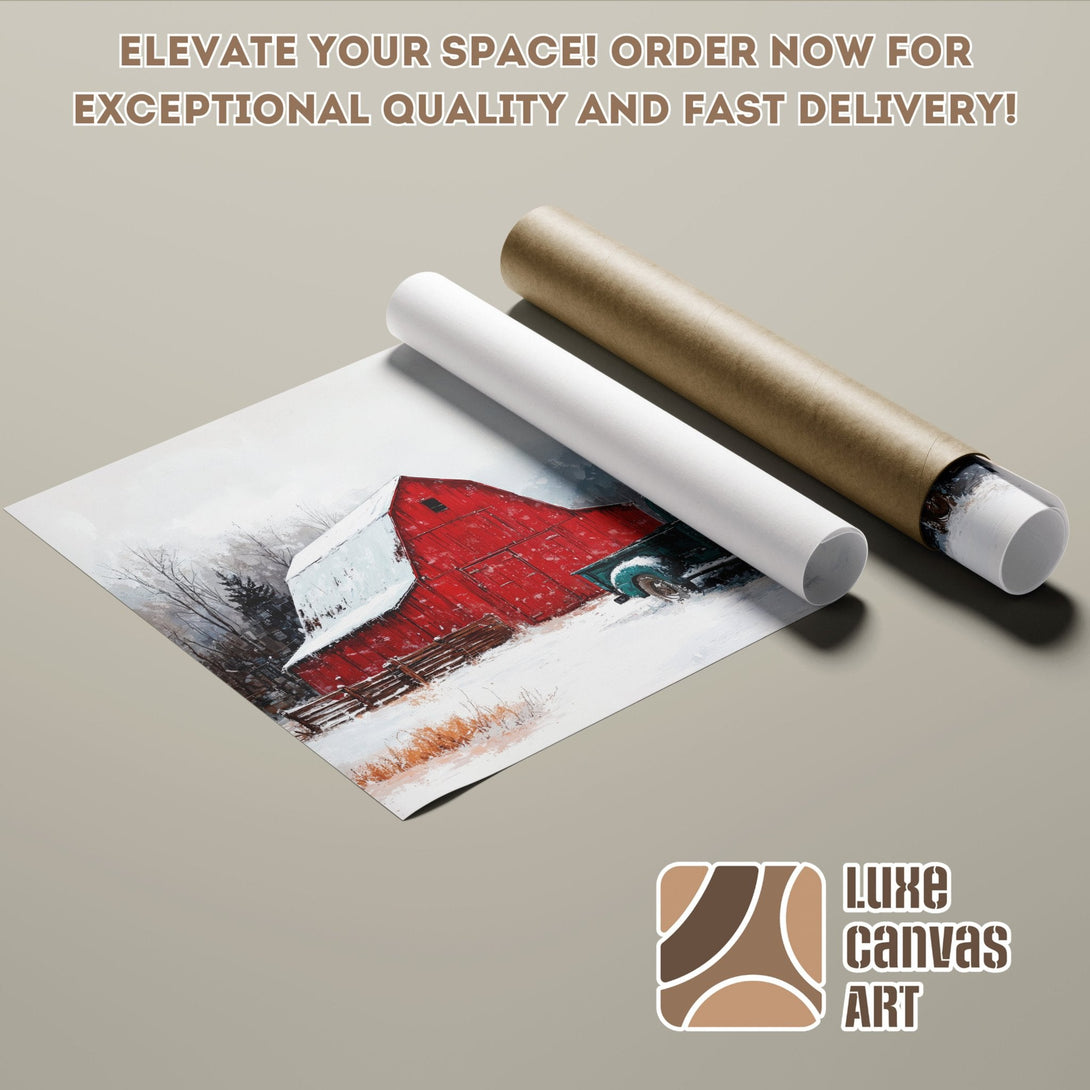 Poster Roll of winter barn art in red and white, neutral palette. Order now!