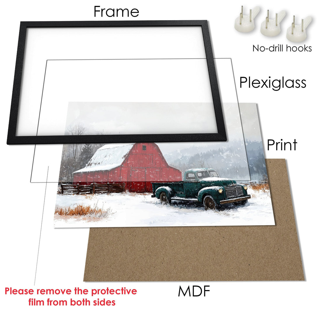 Framed Poster featuring a winter scene with a red barn and green truck. Rustic style with a muted color palette. Perfect wall art!